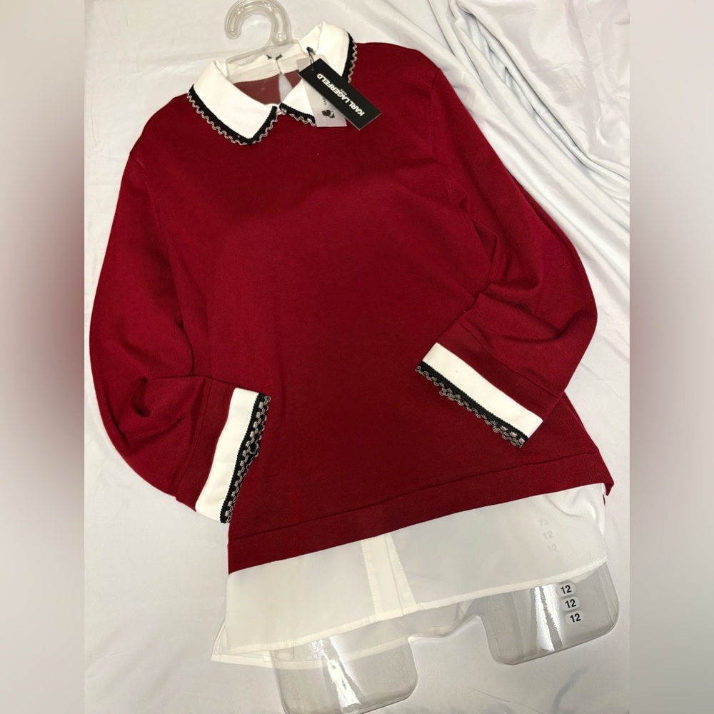 Karl Lagerfeld Red Sweater Blouse Combo with White Trim